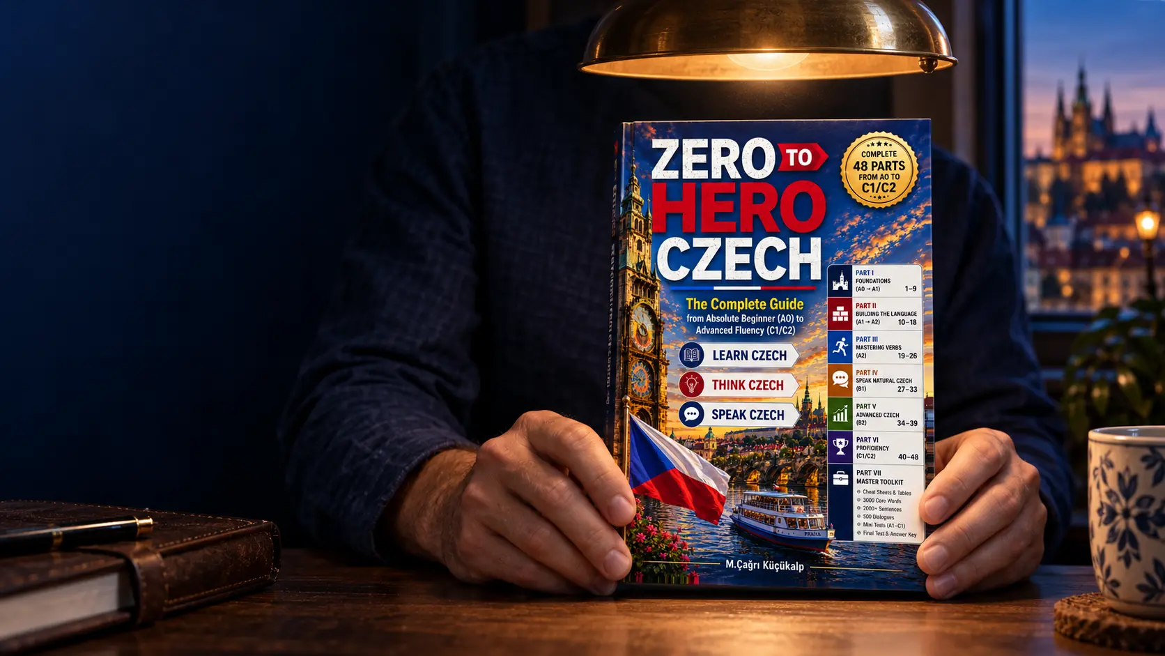 Hands holding Zero to Hero Czech beneath a warm brass reading lamp