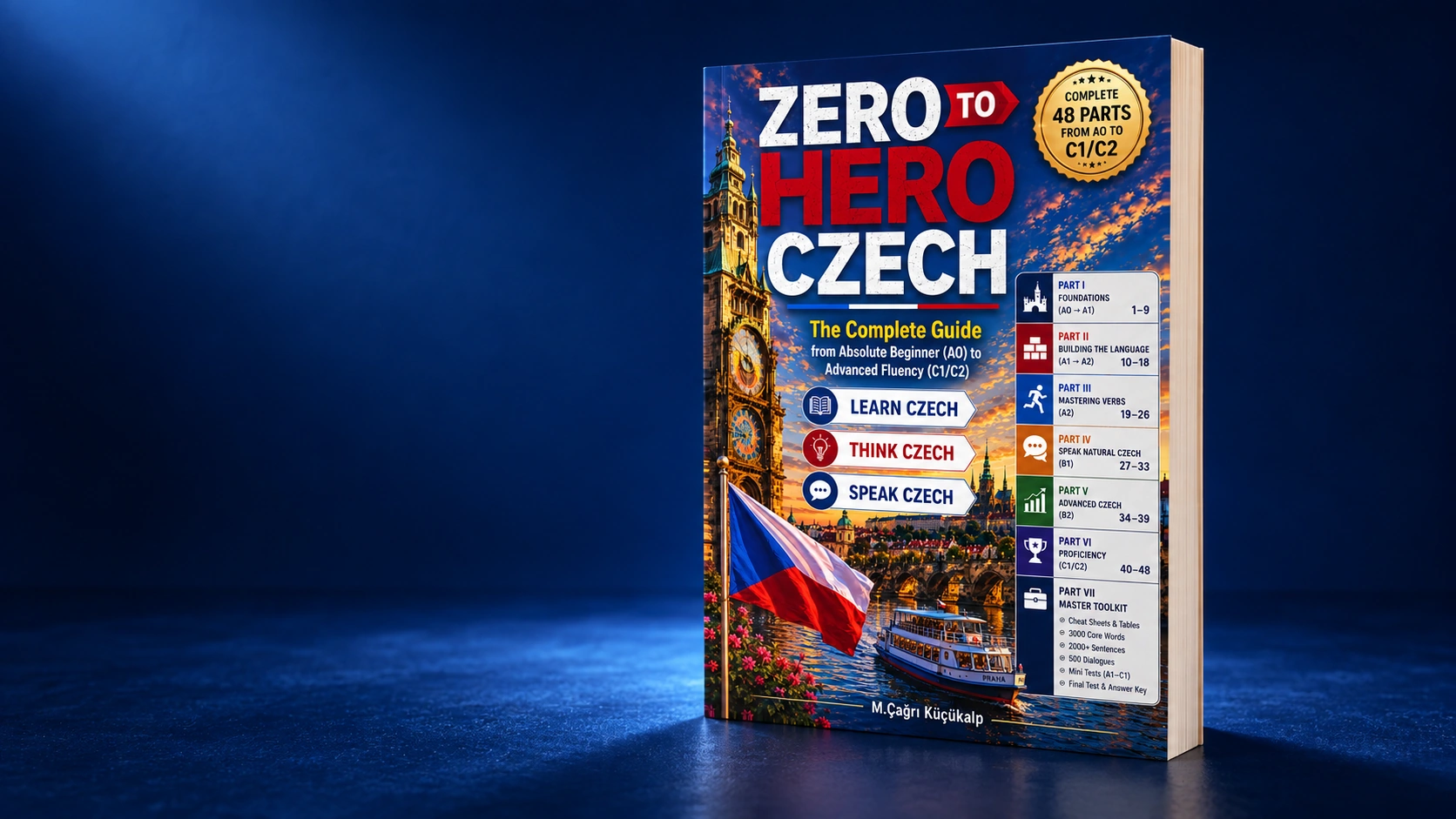 The actual Zero to Hero Czech cover presented as a book in a blue studio