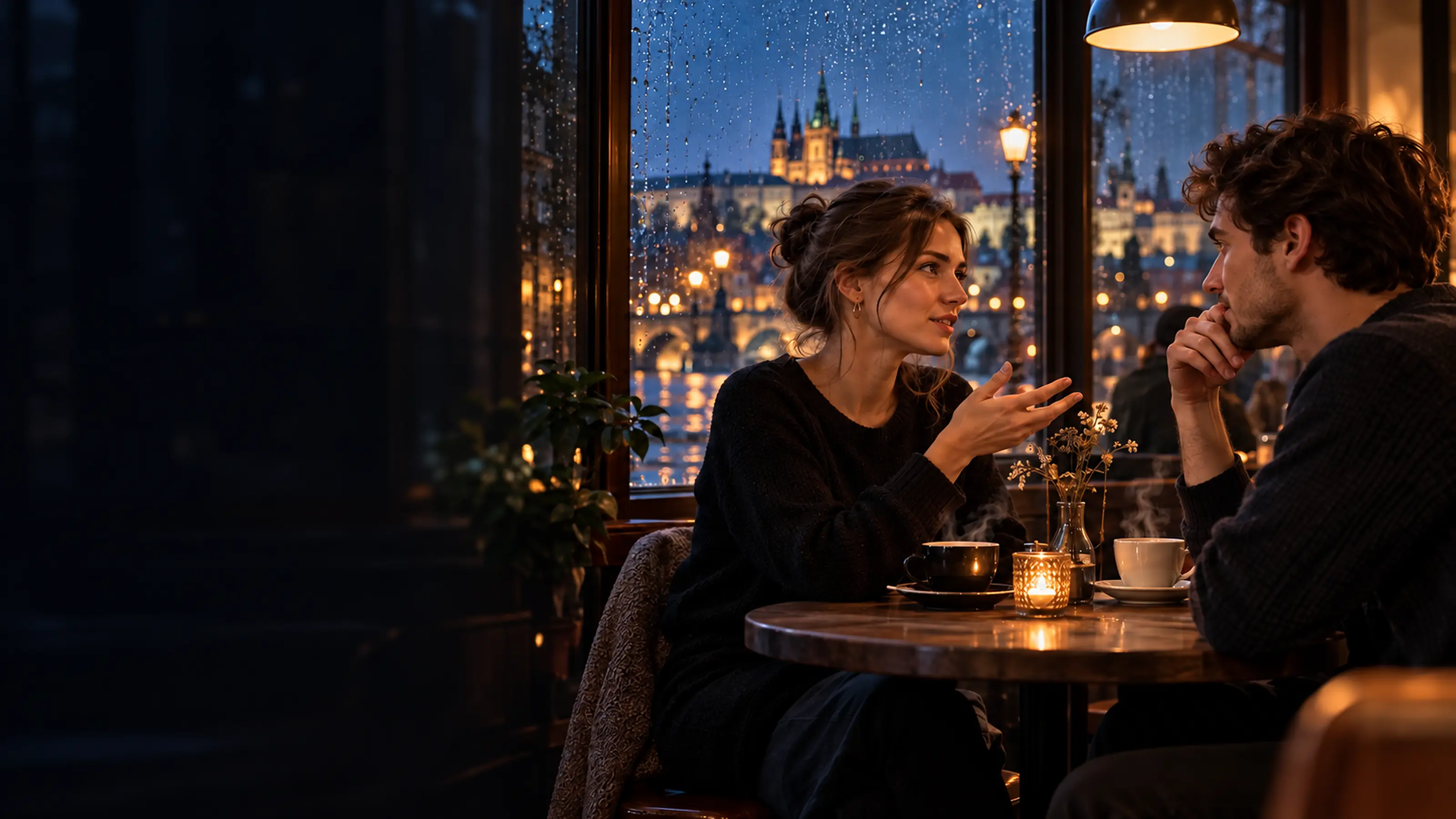 Two people speaking in a Prague cafe