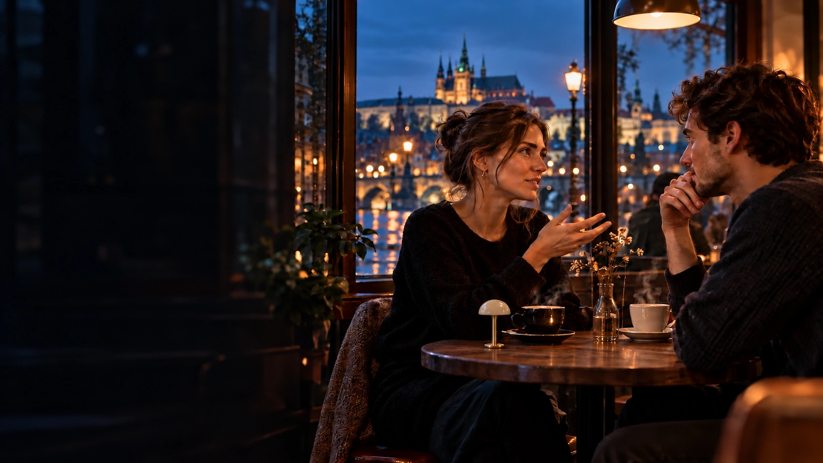 Two people sharing a conversation beside a brass table lamp in a Prague café