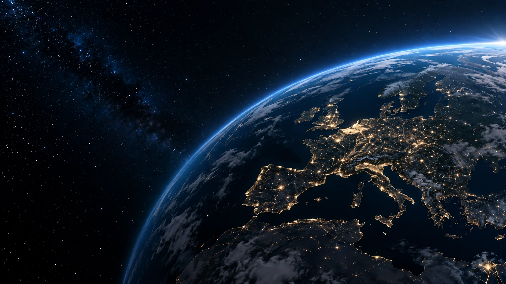 A cinematic view of Earth and the lights of Europe from orbit