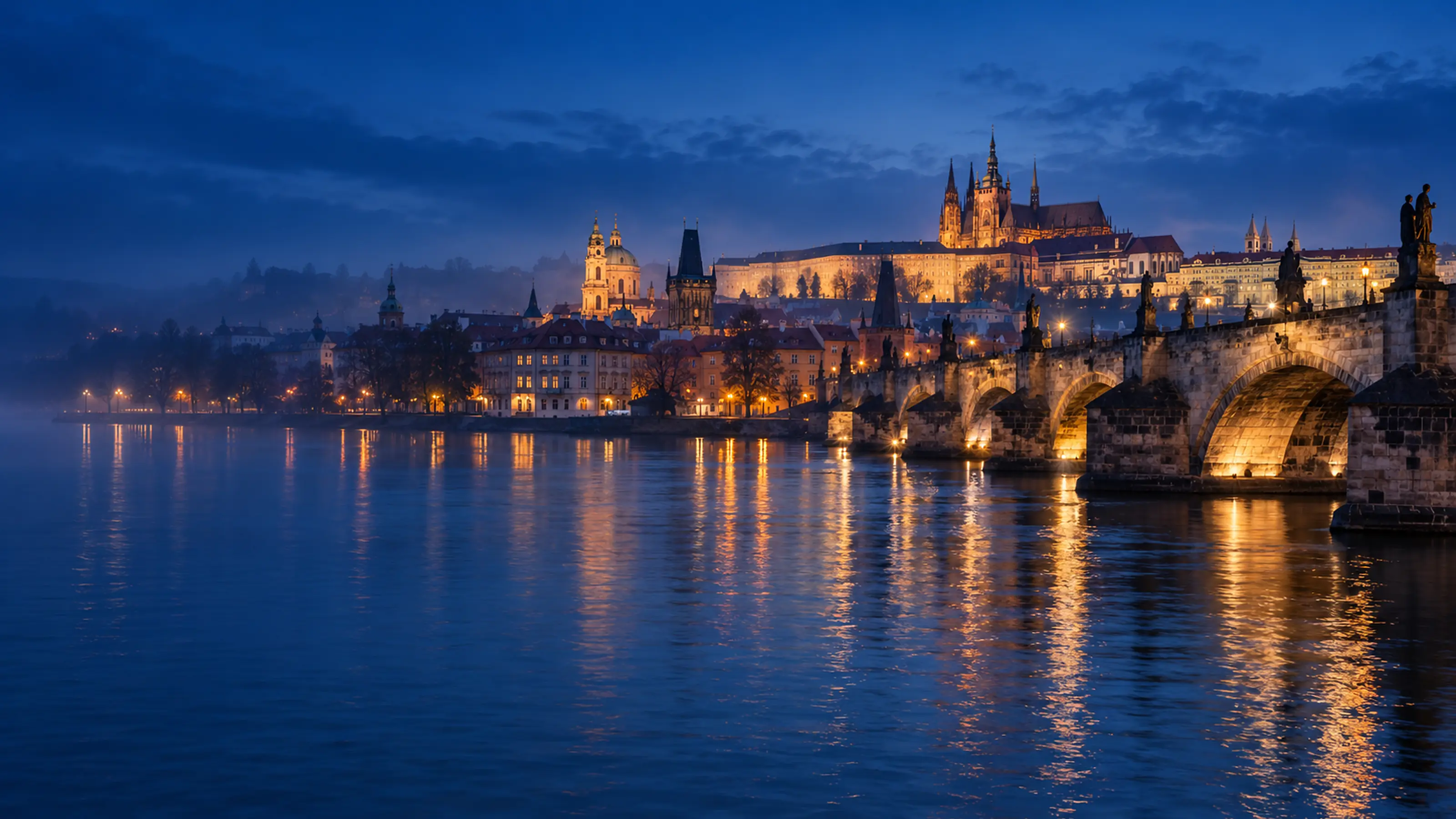 Charles Bridge and Prague Castle at blue hour