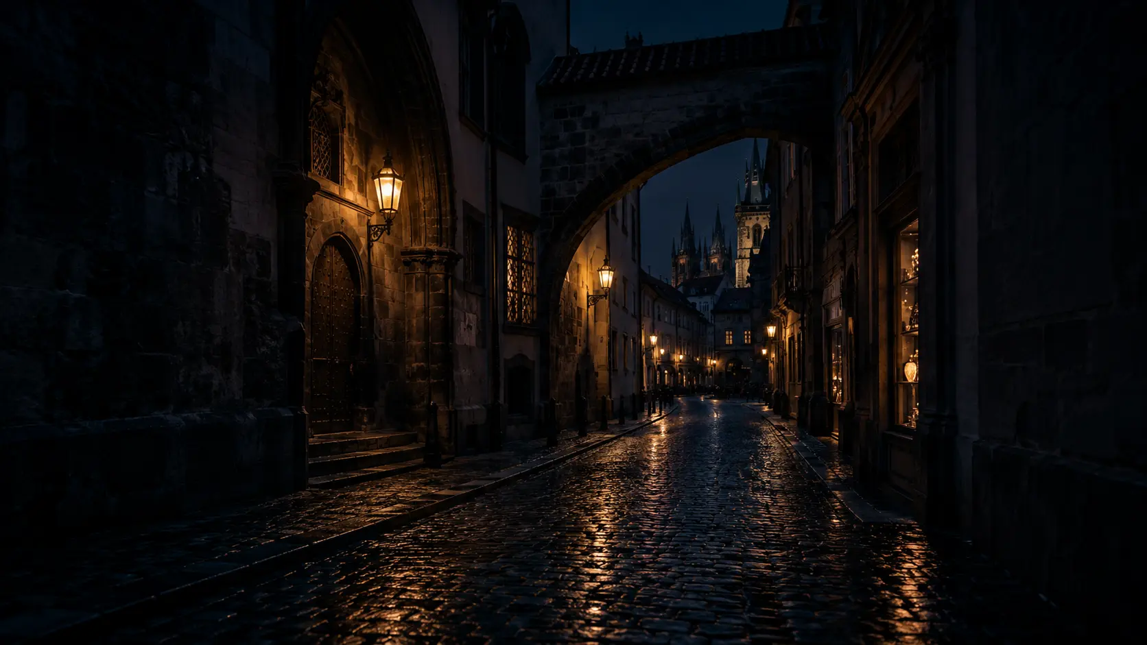 A dark Prague-inspired lane lit by warm lanterns beneath a stone arch