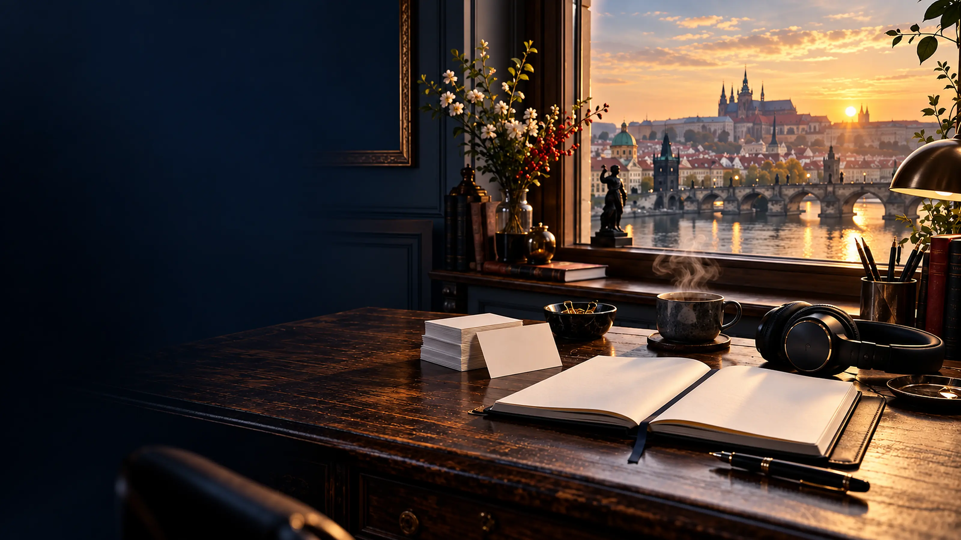 A refined Czech study desk overlooking Prague