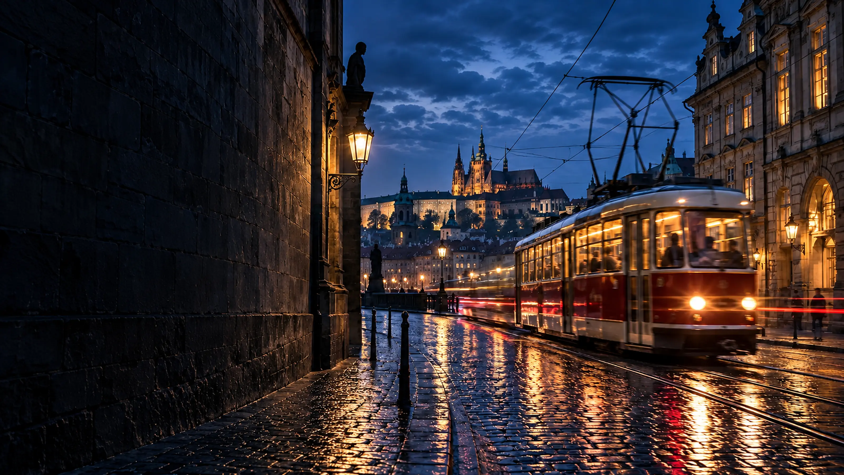 A red tram moving through Prague at blue hour